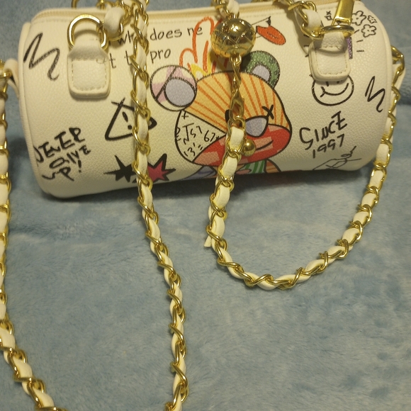 Leather Barrel Crossbody Bag Graffiti Print - Picture 4 of 4